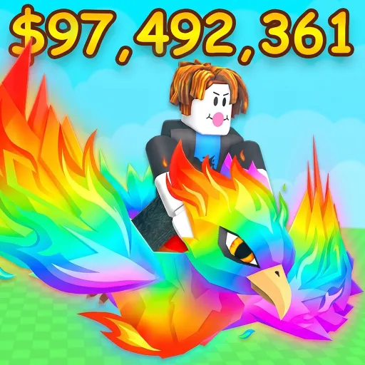 The official Ride A Pet game icon: a Roblox avatar rides a rainbow-colored fire bird, with the cash figure $97,492,361 above.