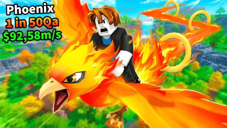 A Roblox avatar rides a flaming orange bird over a forest with cliffs and a waterfall; text in the top corner reads Phoenix, 1 in 50Qa, $92,58m/s.